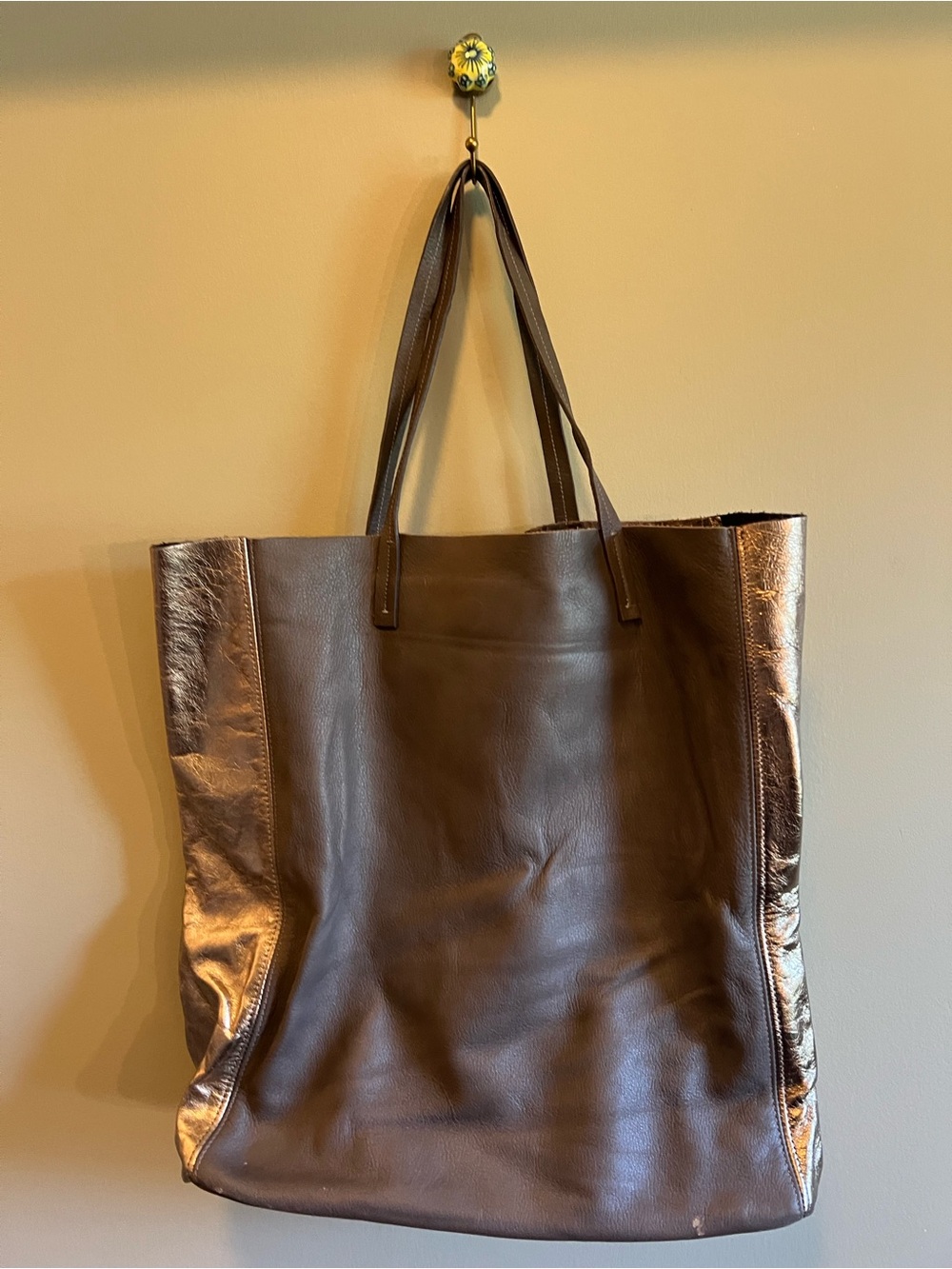 Eileen Fisher Brown Leather Tote with Metallic Bronze Side Panels